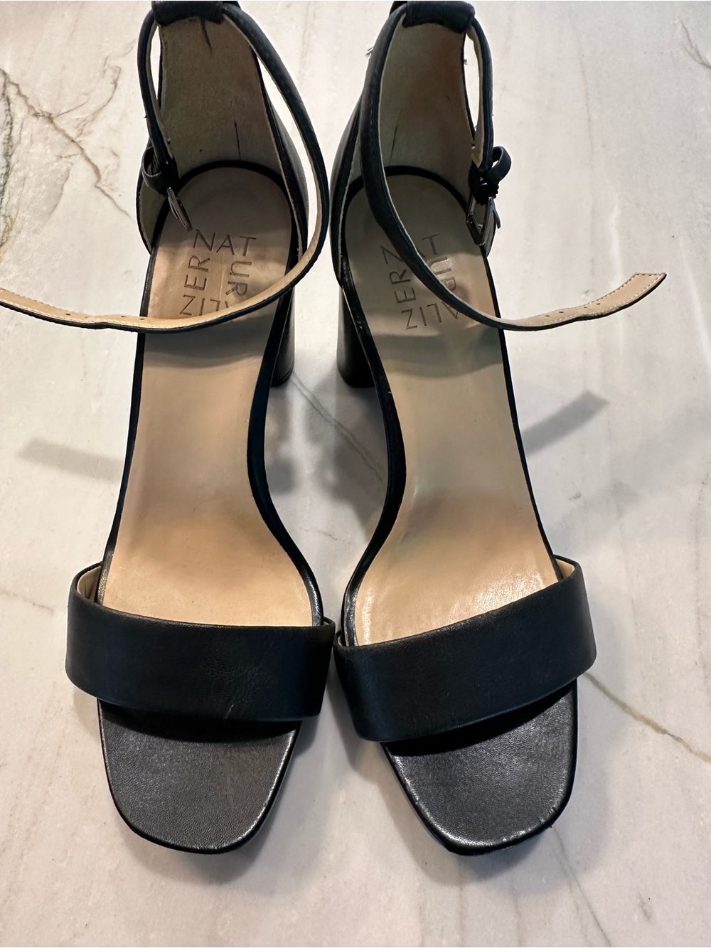 Naturalizer Black Leather Ankle-Strap Block Heels